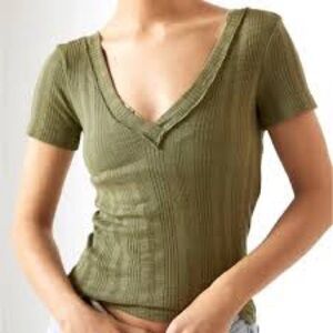 XS Pilcro Anthropologie V-Neck Olive Green Short Sleeve Top Stretch X Small